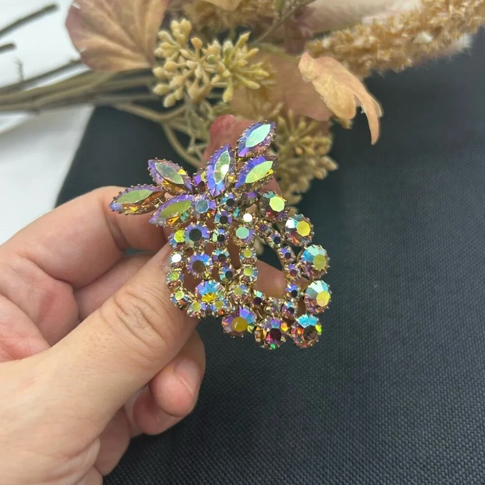 Vintage Continental Signed Blue Purple AB Rhinestone Borealis Rhinestone Brooch